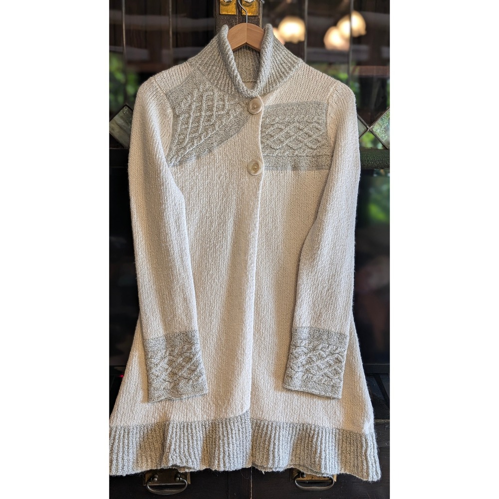 Prana Womens Cream Grey Cable Knit Button Long Cardigan Sweater S wool mohair - Picture 2 of 14